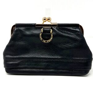 Vintage French Black Leather Kiss Lock Clutch Purse Gold Hardware Art Deco